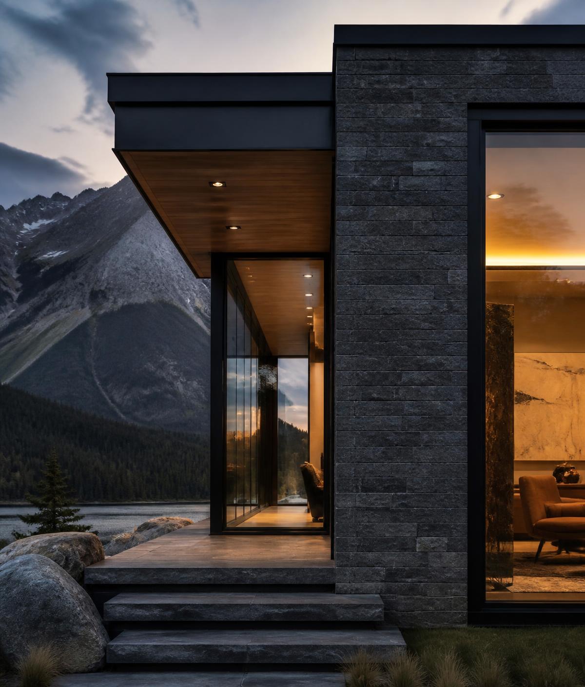 Contemporary mountain lodge architecture at dusk