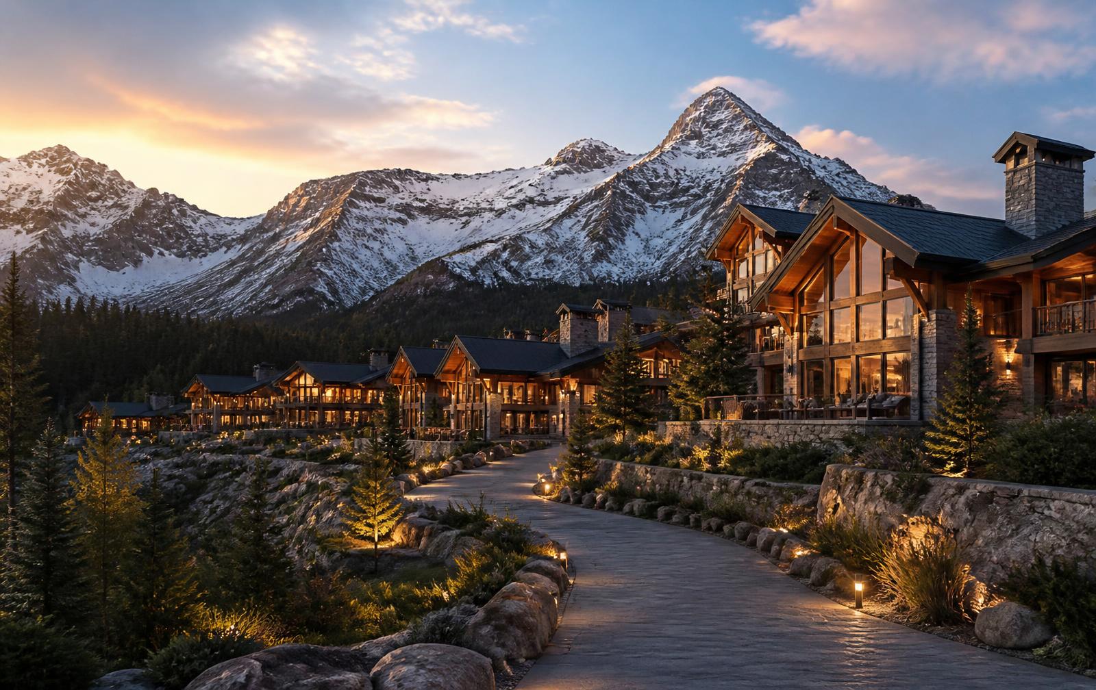 Luxury alpine village development at golden hour